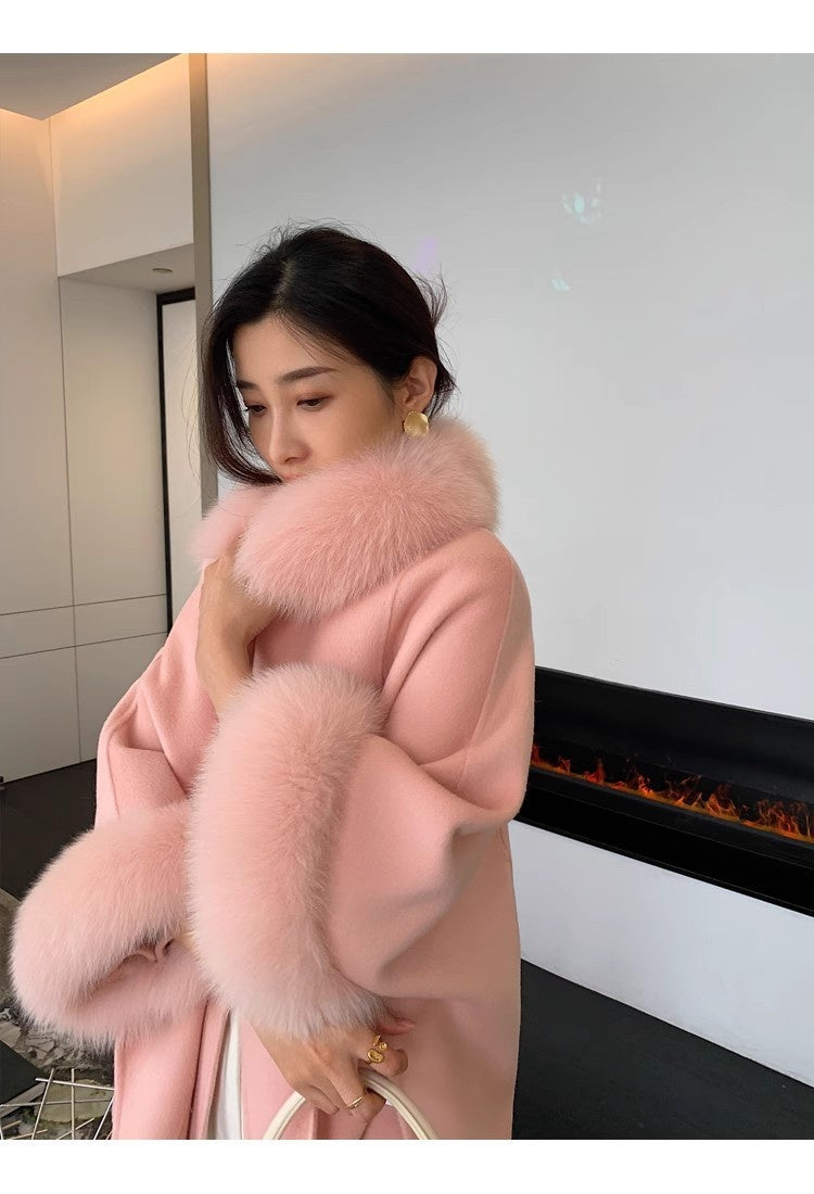 Reversible Mid-Length Cashmere Coat with Fox Fur Collar