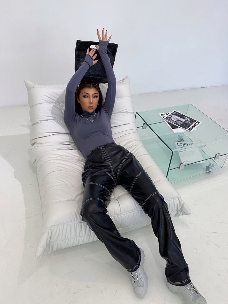High-Waist Stretch Leather Pants – European Style Straight Trousers