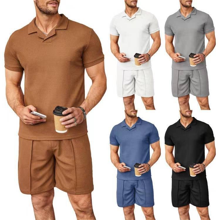 Lot de 2 polos à col en V pour homme, manches courtes, style gaufré, t-shirt décontracté d'été