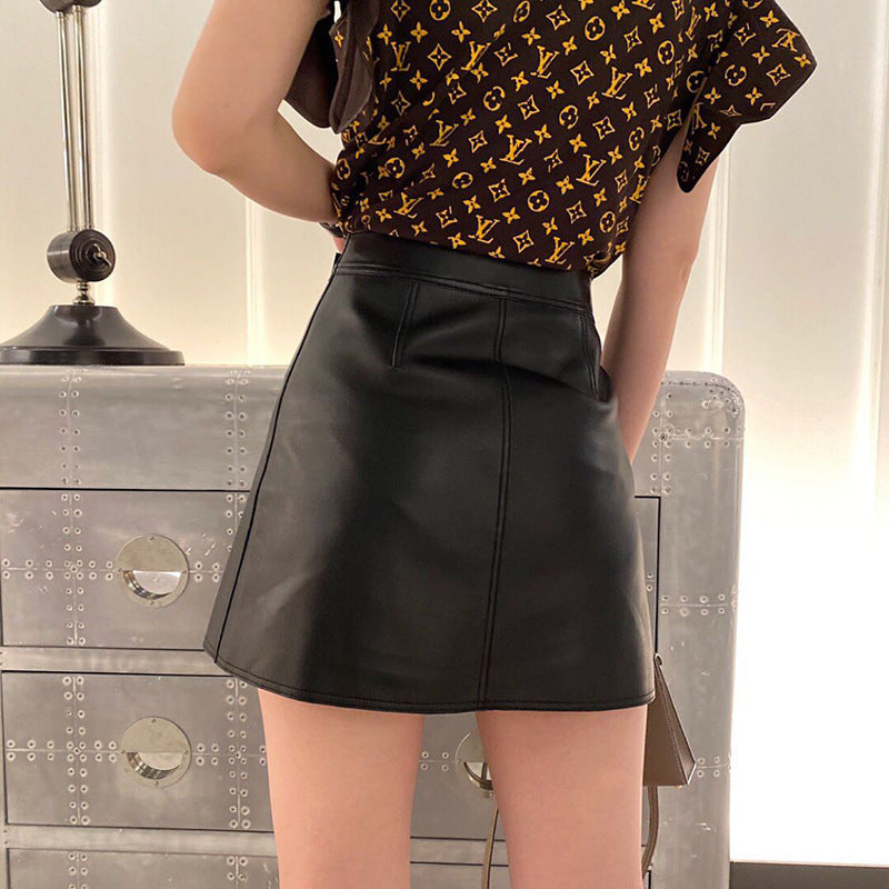 Jupe courte trapèze en cuir véritable pour femme, noire et lie-de-vin