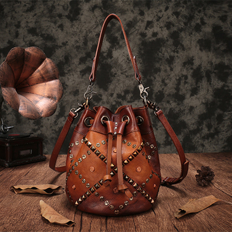 Rivet Decorative Cowhide Leather Bucket Bag 24x21cm Retro Leisure