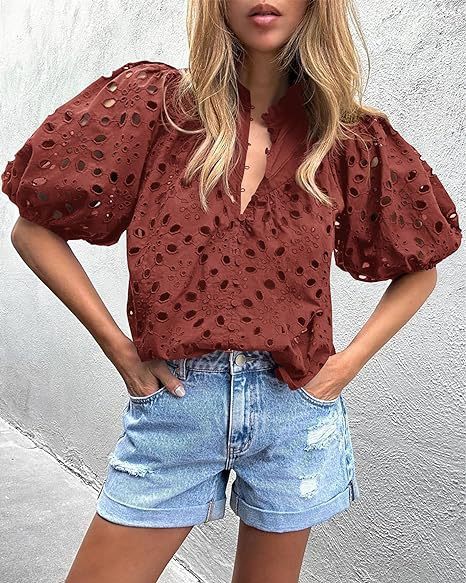 Women's Lantern Sleeve V-Neck Buttoned Hollow Lace Embroidered Shirt