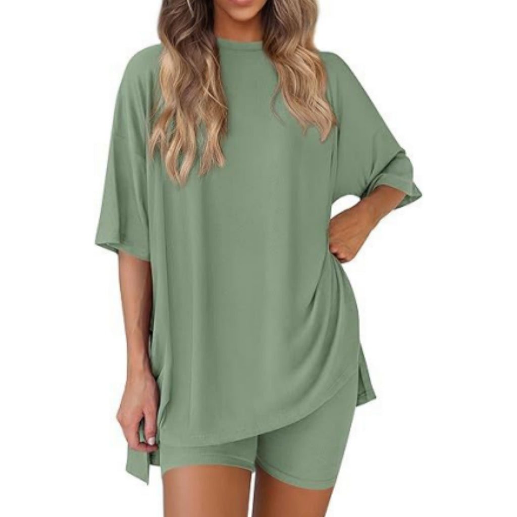 Casual Crew Neck Split Loose Shorts Set with Short Sleeves in Light Green