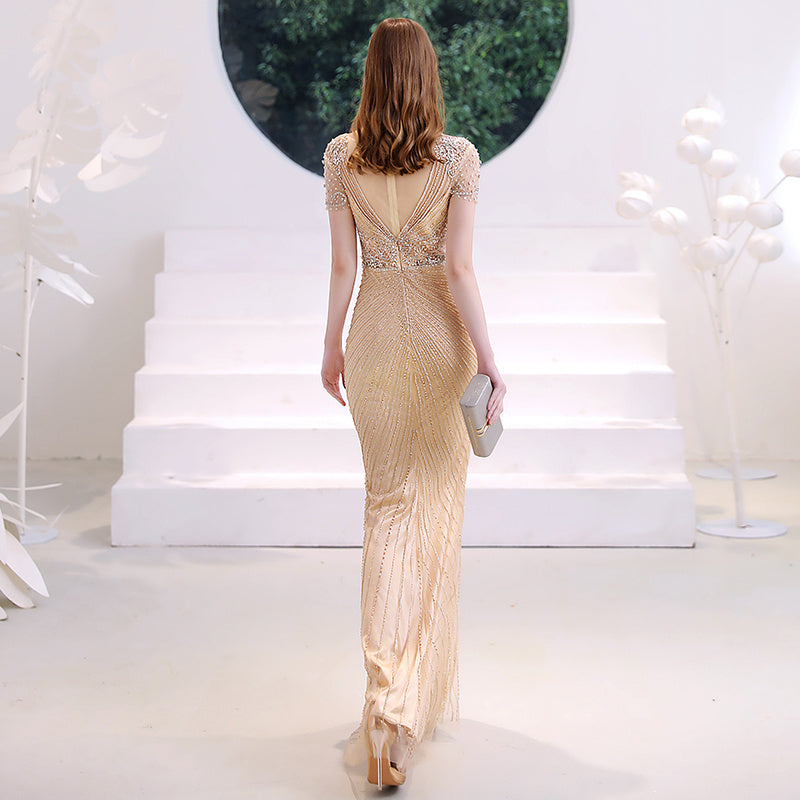 Women's Champagne Gold Organza Evening Dress