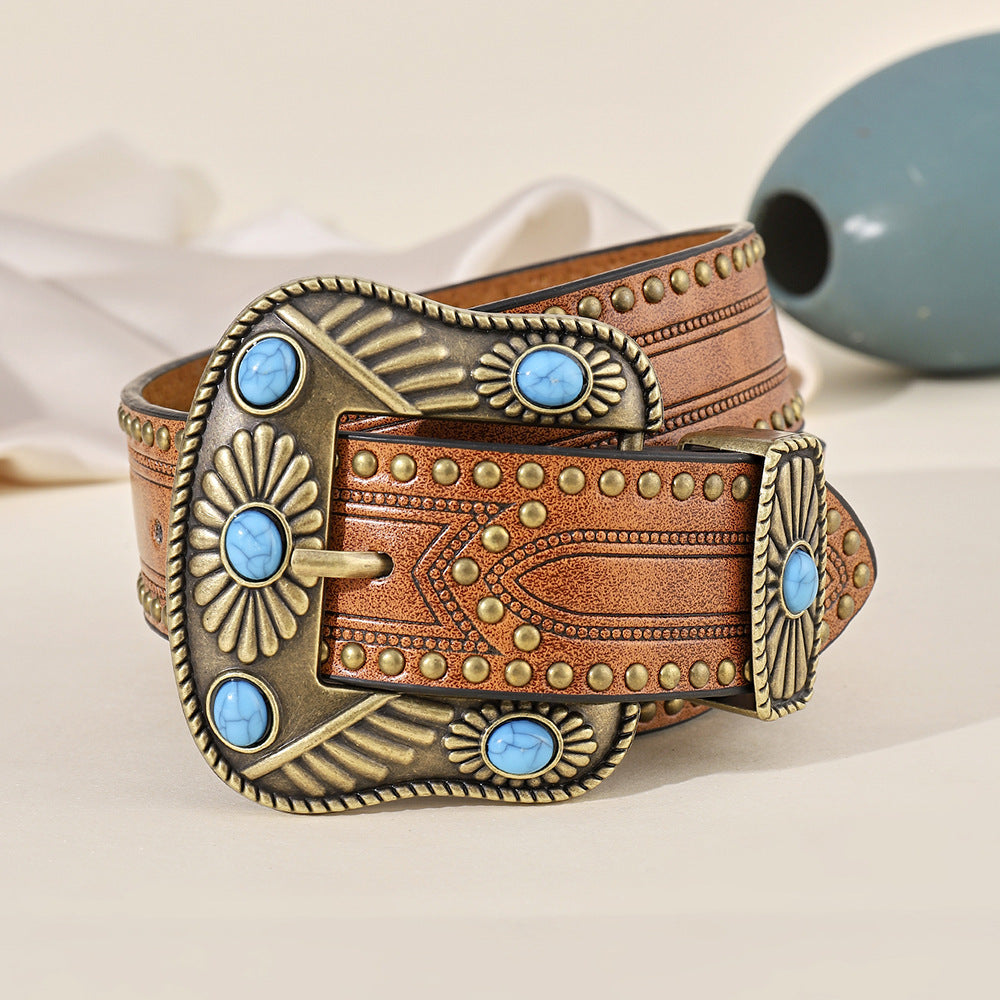 Western Retro Women's Chocolate PU Leather Denim Belt 120cm