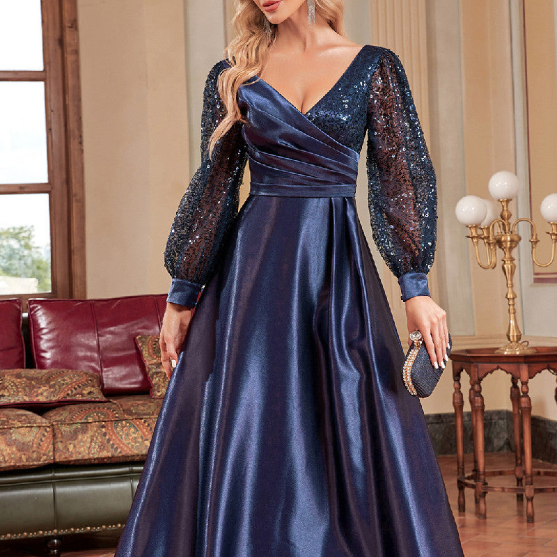 V-neck Long-sleeve Dress Slim Fishtail Sequin Banquet