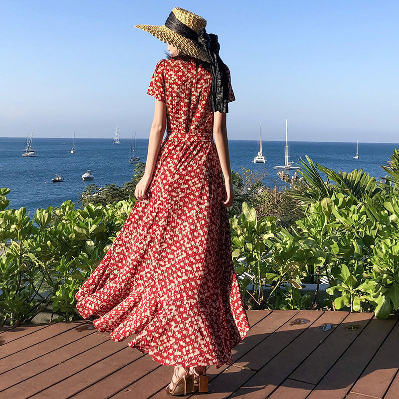 Lace-up Chiffon One-piece Holiday Dress