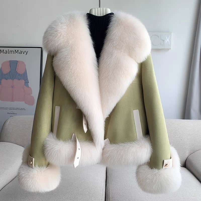 Manteau de fourrure rose abricot kaki pour femme avec manches volantées