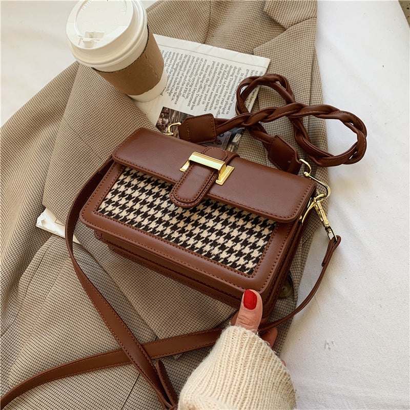 Sac carré de 20 cm en cuir PU avec motif pied-de-poule et fermoir, pour femme