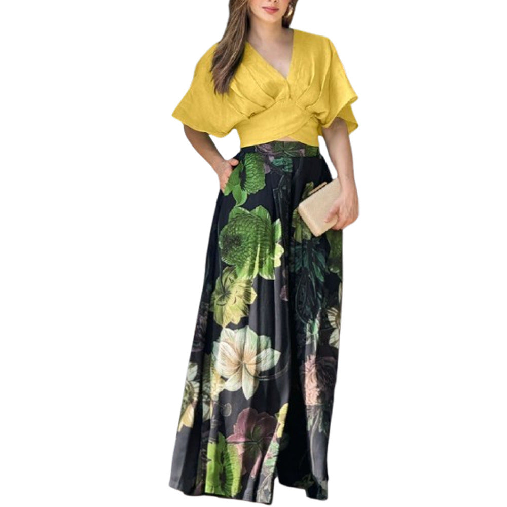 Women's Summer Printed Two-Piece Suit Short Sleeve Top & Pocket Trousers