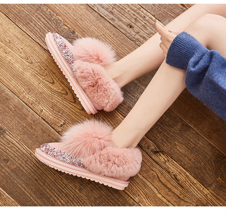Women’s Short Fox Fur Snow Boots Shallow Mouth Flat Heel