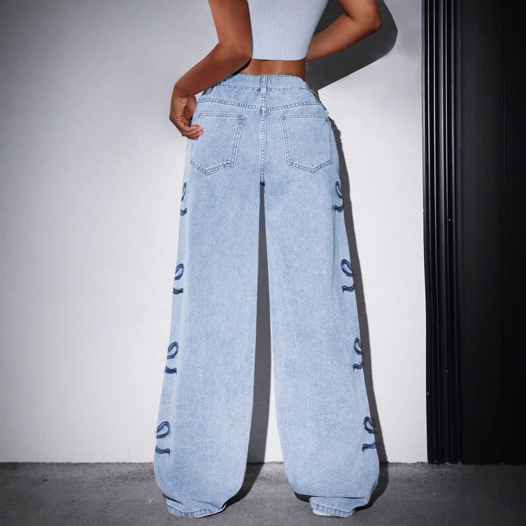 High-Waisted Printed Straight-Leg Wide-Leg Denim Jeans