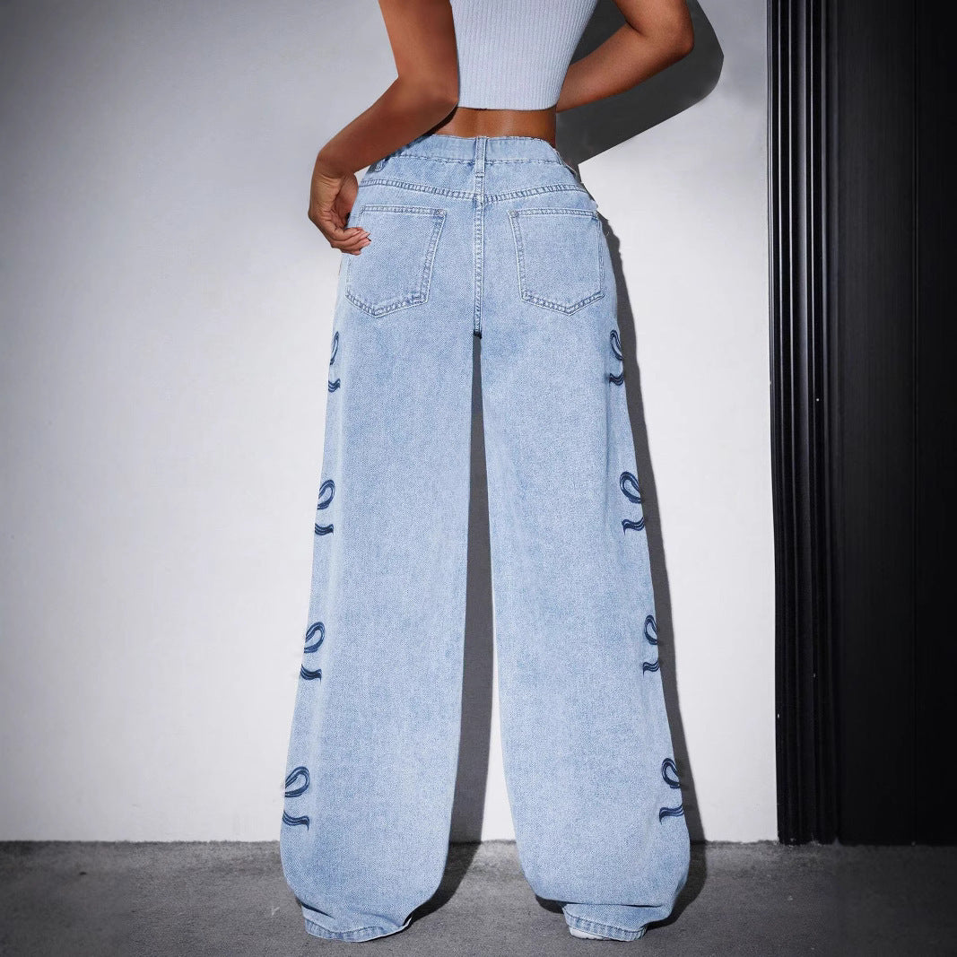 High-Waisted Printed Straight-Leg Wide-Leg Denim Jeans