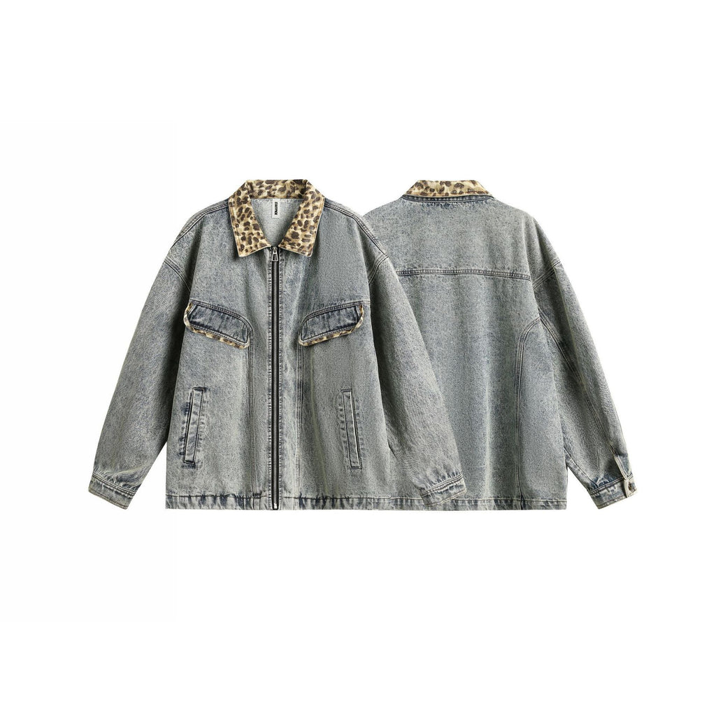 American Retro Washed Denim Jacket with Leopard Print Lapel