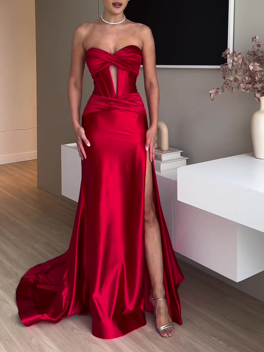 Red Tube Top Slit Extra Long Evening Dress
