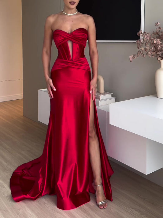 Red Tube Top Slit Extra Long Evening Dress