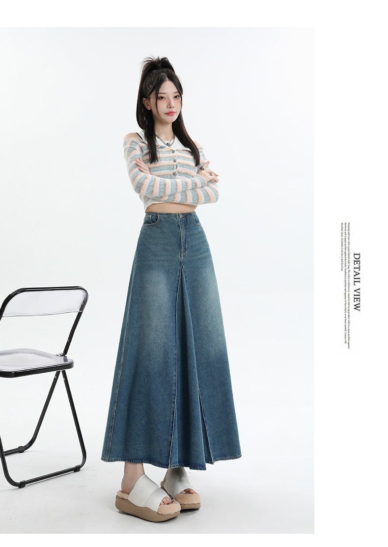 Jupe en jean trapèze mi-longue taille haute rétro style américain