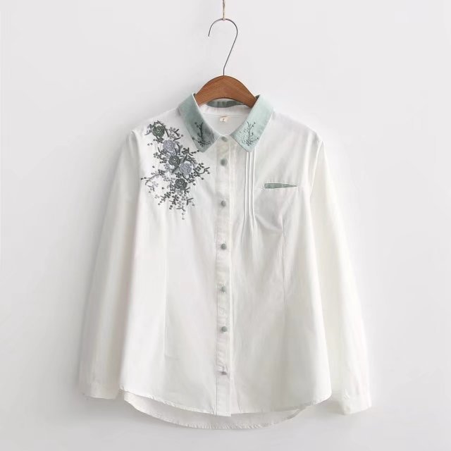 Women's Embroidered Cotton Long-Sleeve Shirt, Loose Fit