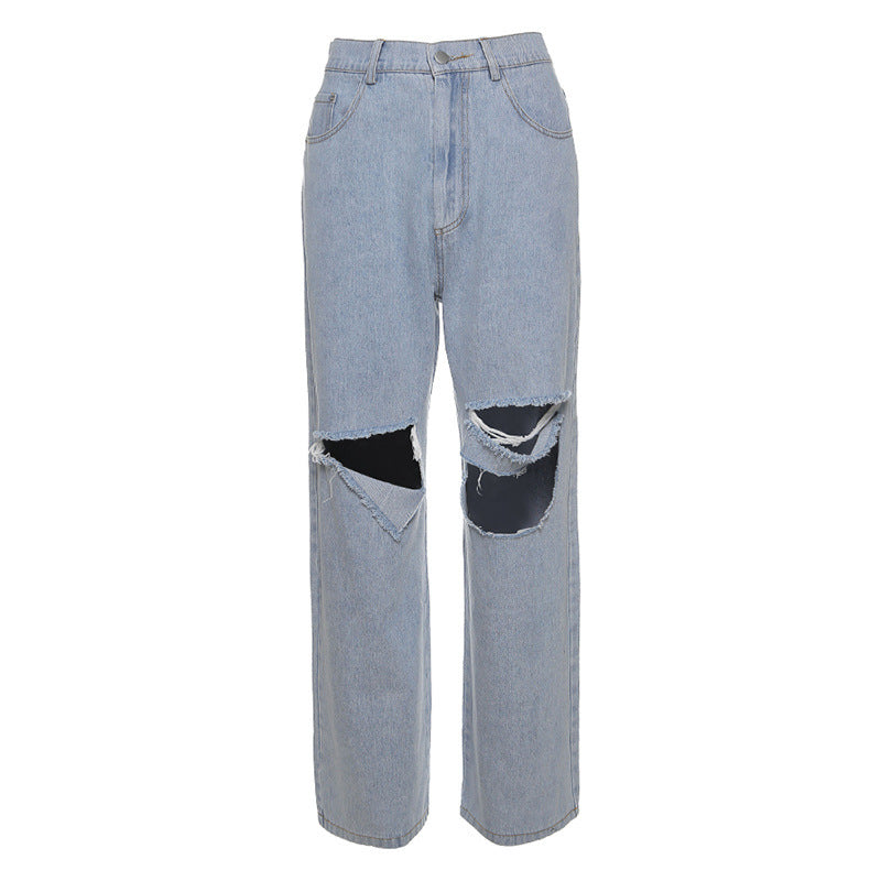 Summer Women's Ripped High Waist Wide Leg Jeans