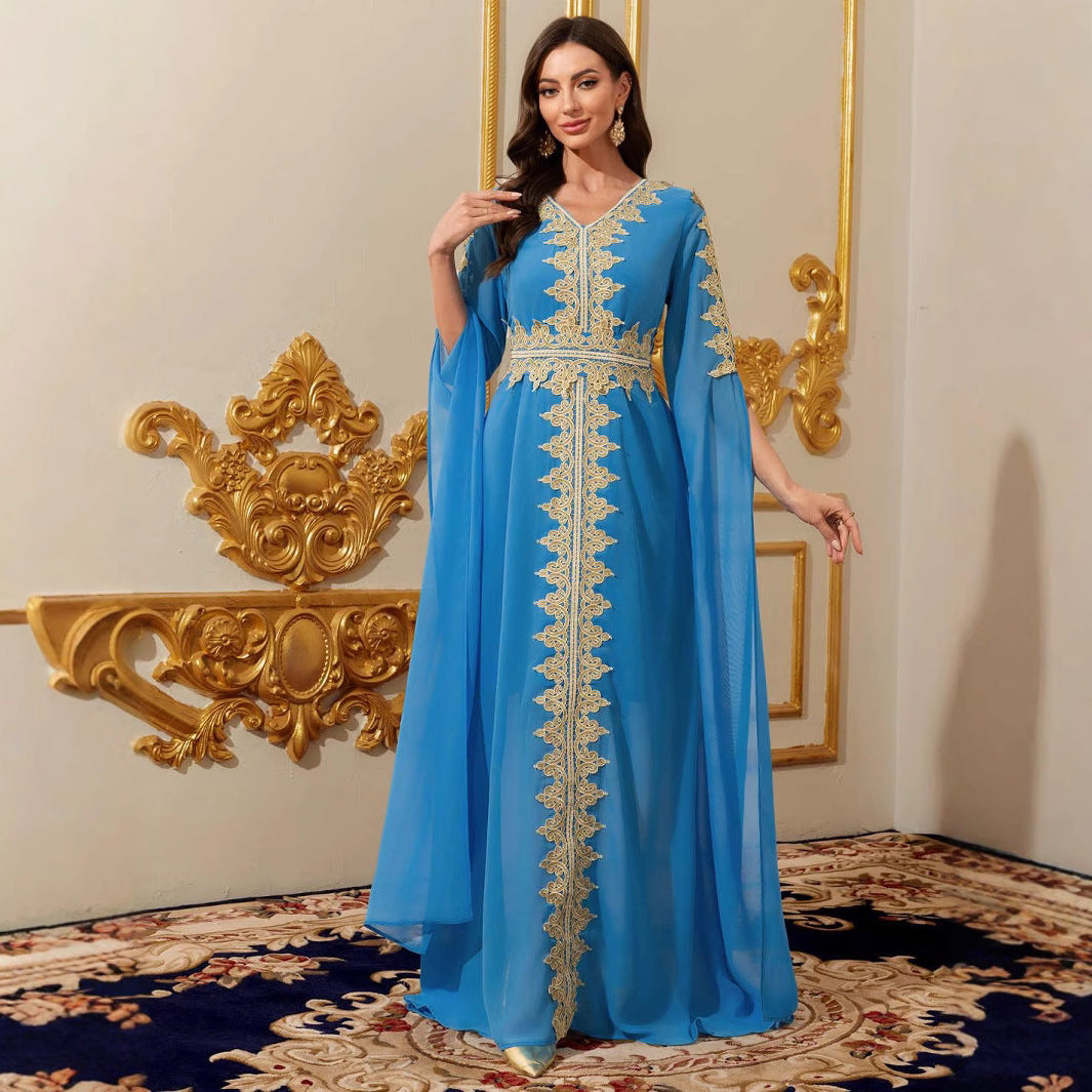 Middle East Women's Blue Lace Patchwork Long Dress with Half Sleeves