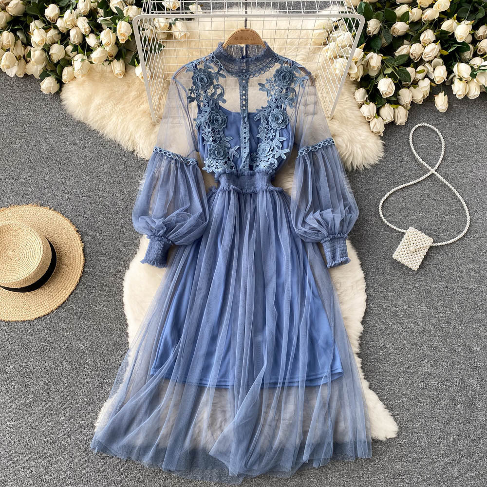 Mesh Stand Collar Lantern Sleeve High Waist Slimming Suspenders Dress