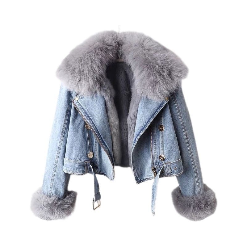 Detachable Fox & Rabbit Fur Liner Denim Coat in Blue