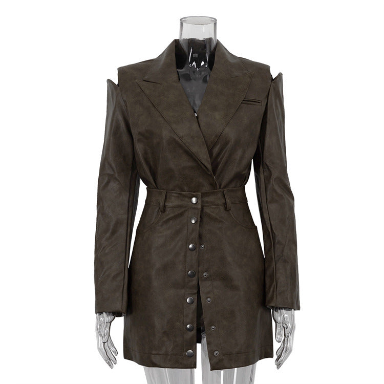 Vintage Brown PU Leather Hollow Out Long Sleeve Top & Skirt Set