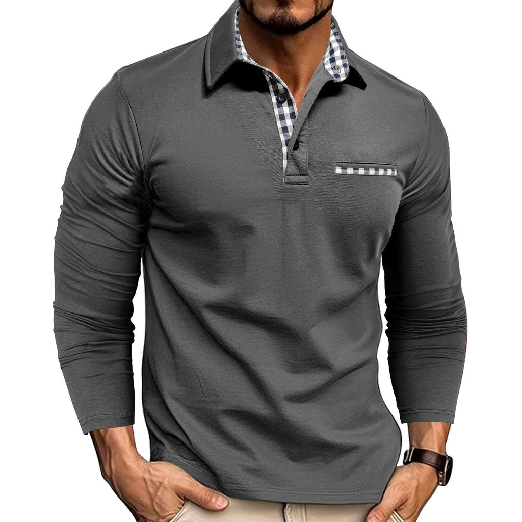 Chemise Polo à Manches Longues Revers et Patchwork Carreaux Décontractée Homme