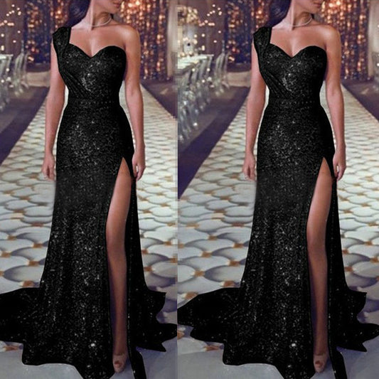 women's sexy one-shoulder sleeveless bronzing dress slit long skirt