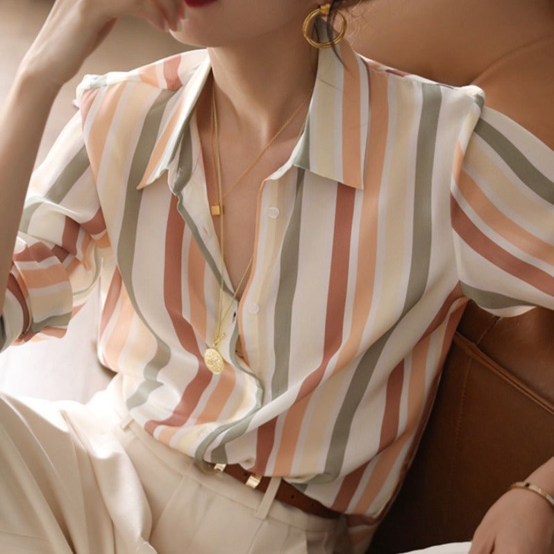 Women's Striped Long Sleeve Shirt Top Polyester S-3XL