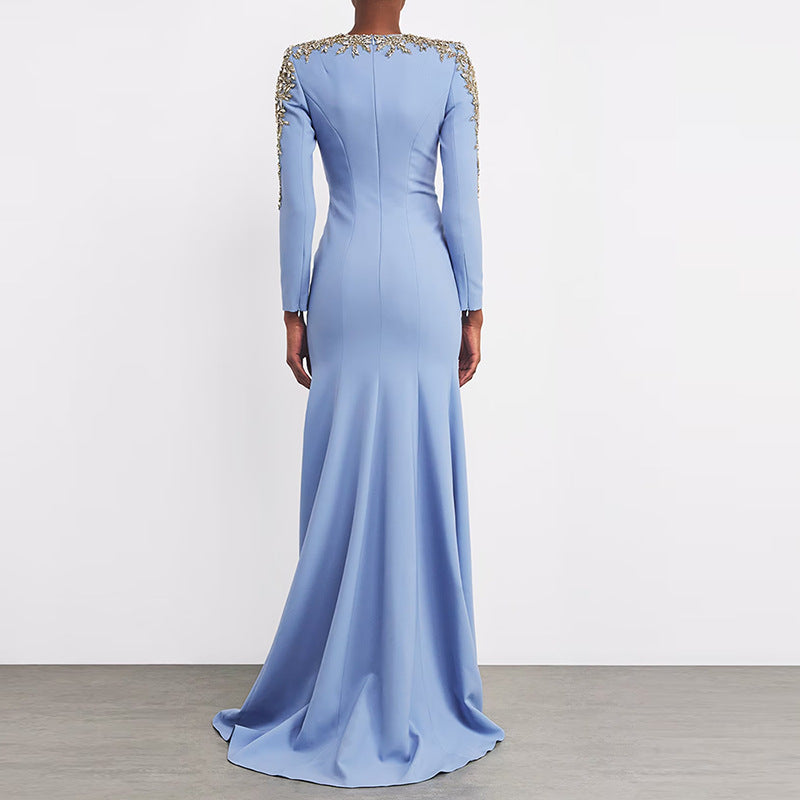 Sky Blue Heavy-Duty Beaded Diamond-Encrusted Petite Trailing Long Dress