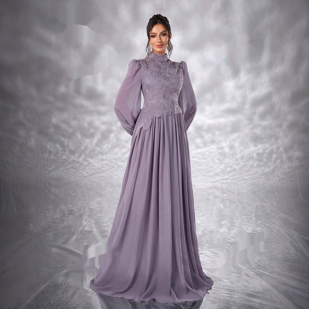 Élégante Robe Musulmane en Chiffon Floral à Manches Longues Bouffantes