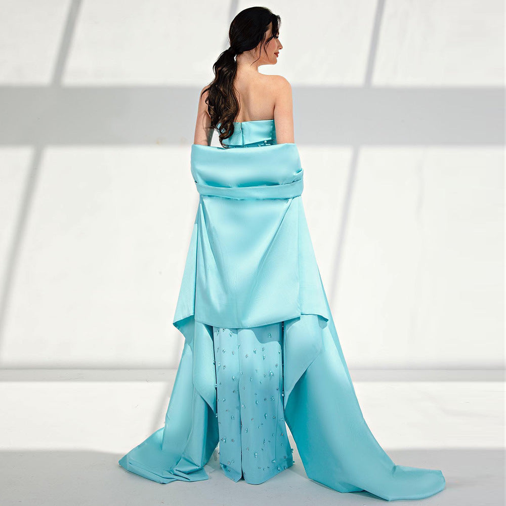 Robe de soirée à châle pailleté bleu pour femme