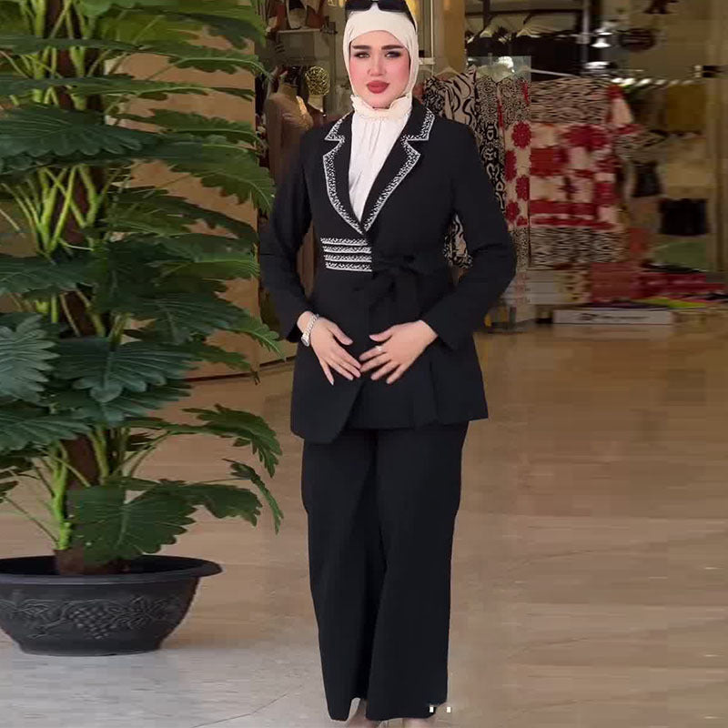 Women’s Two-Piece Suit Set Long Sleeve Coat & Pants Polyester Black Gray S-XXL