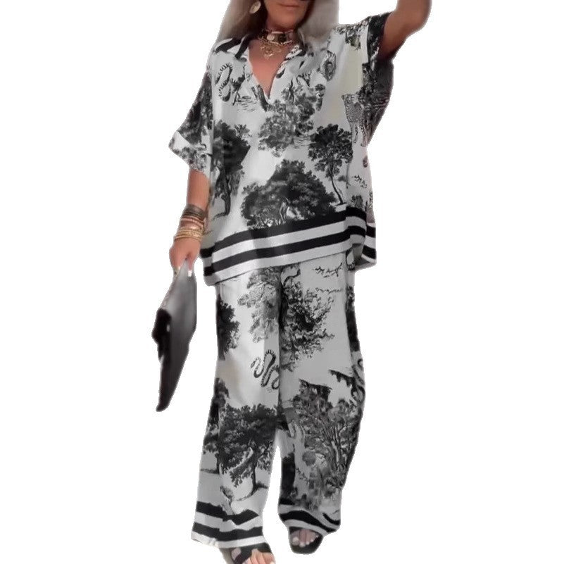 Casual V-neck Printed Short-sleeved Top Loose Wide Leg Pants 2-piece Set