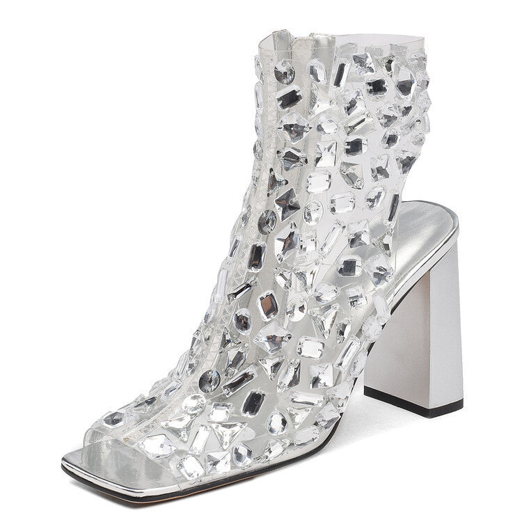 Women's Large Size Rhinestone Hollow High Heel Summer Sandal Boots