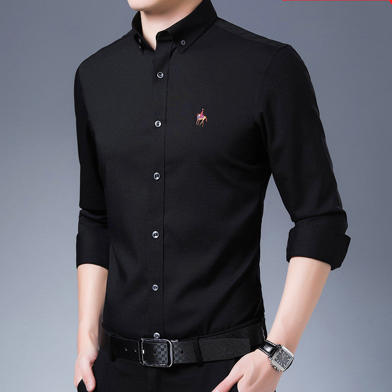 Men's Long-sleeved Bamboo Fiber Solid Color Fine Grid Stretch Business Slim Shirt