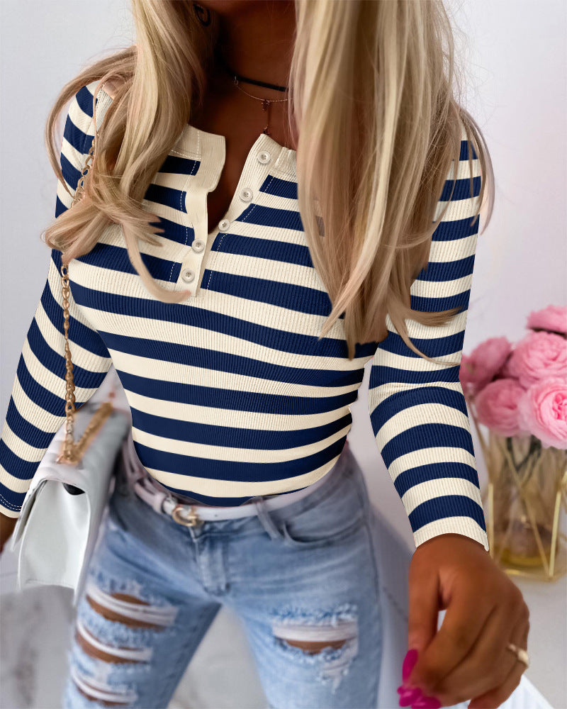 Women's Long Sleeve Sunken Stripe Contrast Top