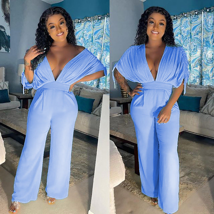Women’s Solid Color Drawstring Short Sleeve Loose Jumpsuit