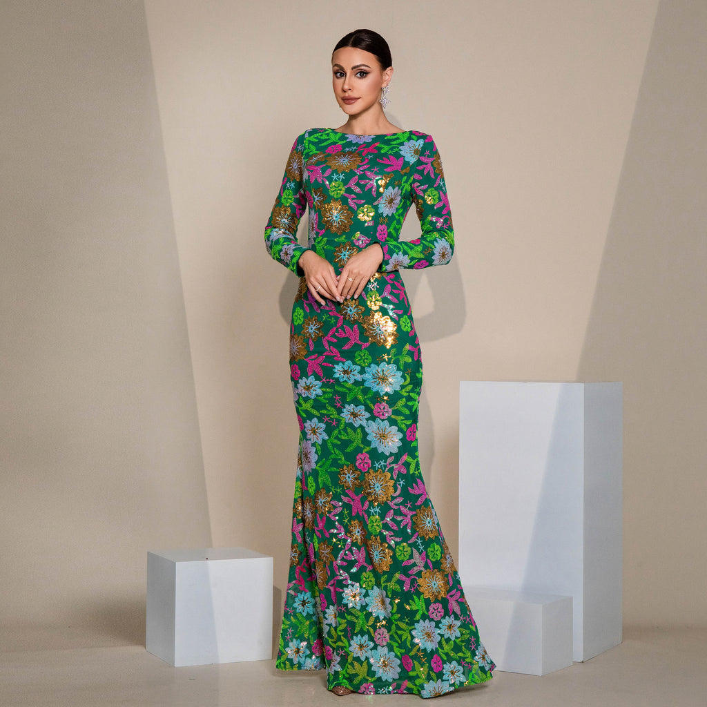 Long Sleeve Sequined Evening Gown Crew Neck Bridesmaid Dress