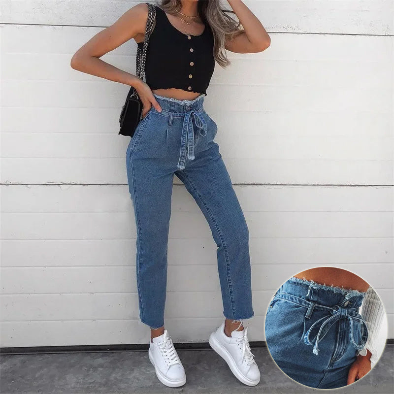 Pantalon crayon taille haute en jean foncé délavé grande taille pour femme