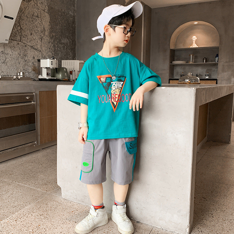 Boys Summer Short-Sleeve Cotton Two-Piece Suit