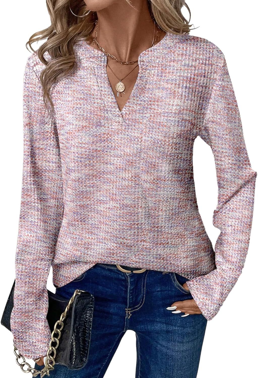 Women’s V-Neck Long-Sleeve Pullover Top Polyester Colorblock