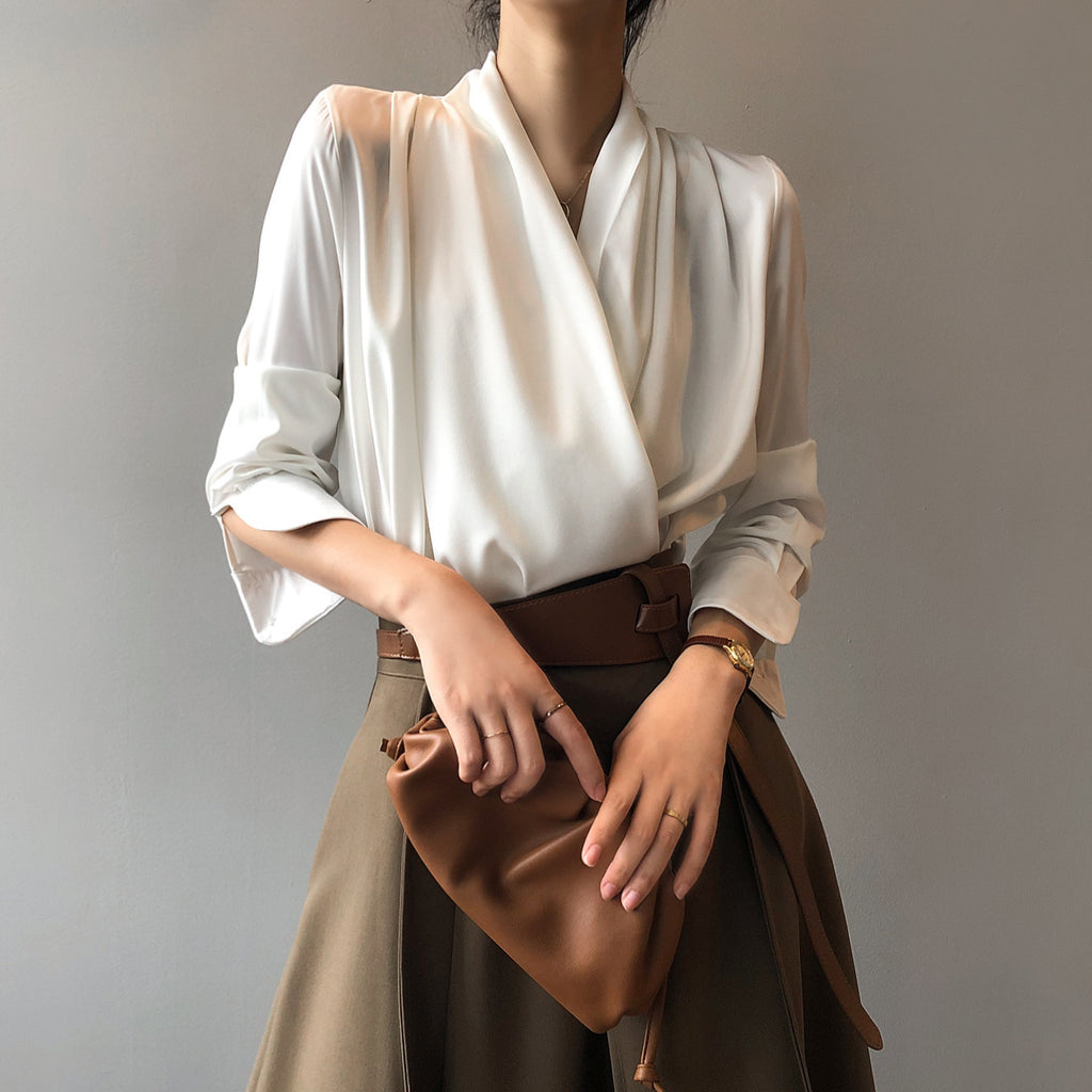 Women's Elegant White Satin V-Neck Long Sleeve Shirt
