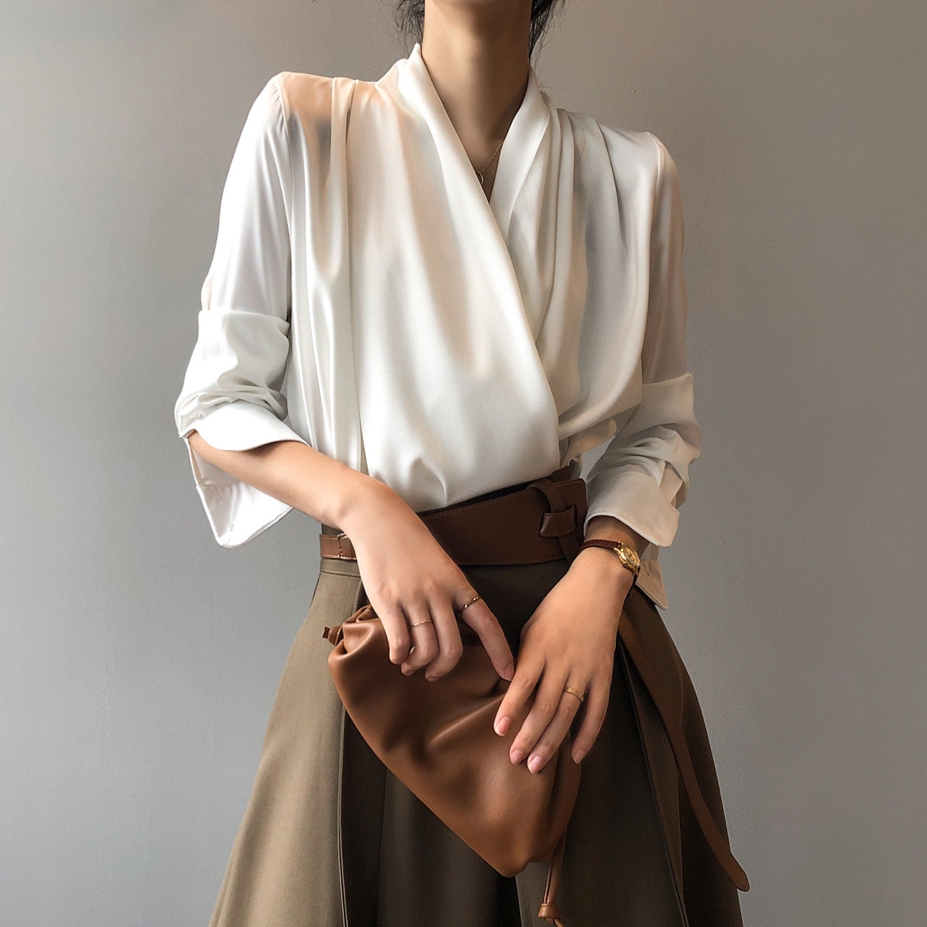 Women's Elegant White Satin V-Neck Long Sleeve Shirt