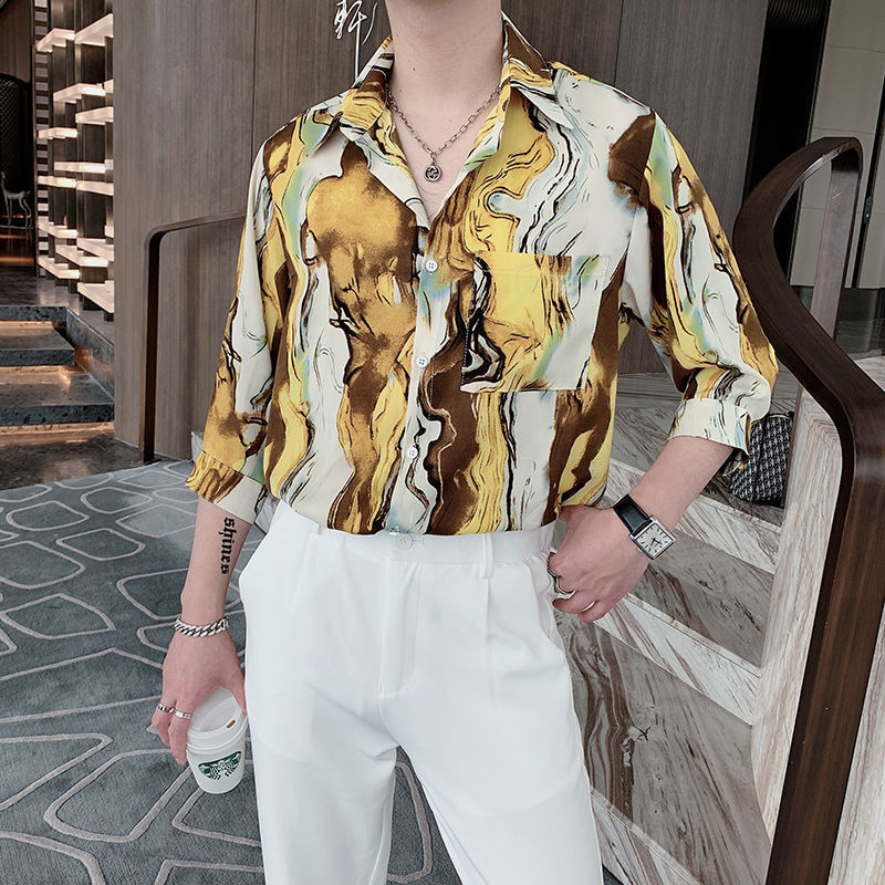 Chemise tendance rétro ample à manches longues à motif floral pour hommes