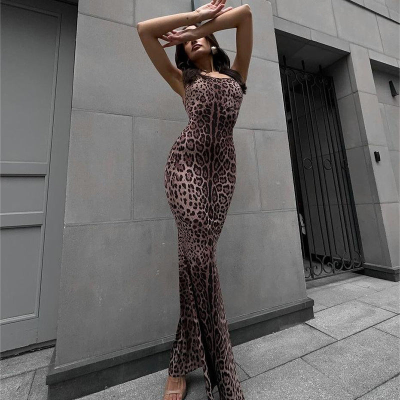Robe à bretelles dos nu imprimé léopard pour femme Tailles S-L