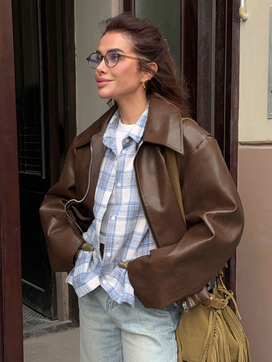 Wine Red Retro Biker Style Matte Leather Jacket Coat