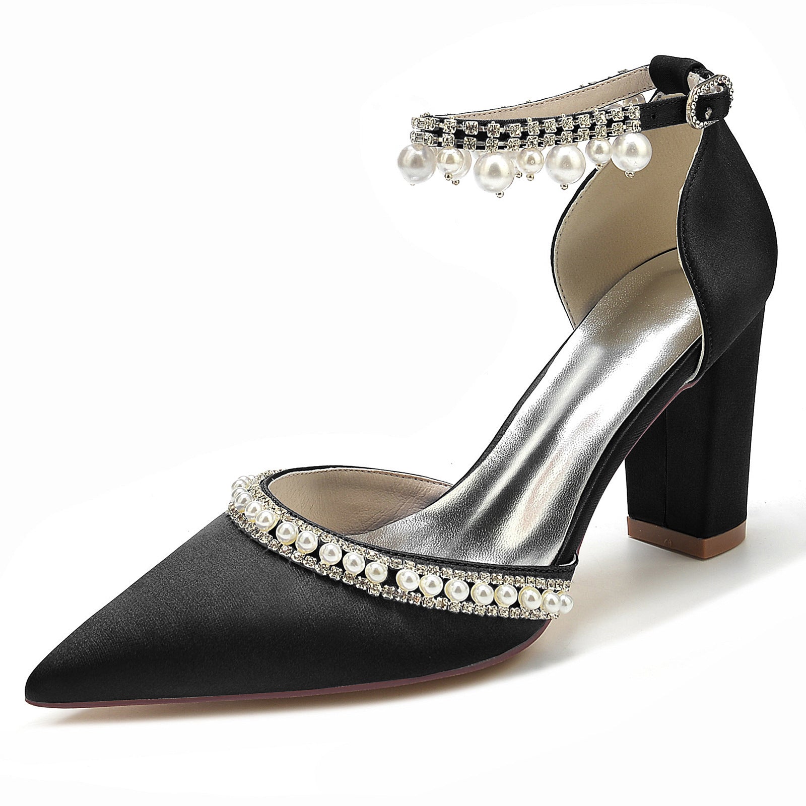 Escarpins à bout pointu en satin avec strass et chaîne, à talon carré