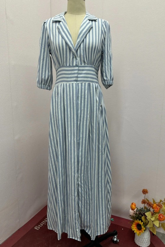 European And American Fashion Striped Printing Elegant Style Temperament Shirt Long Dress